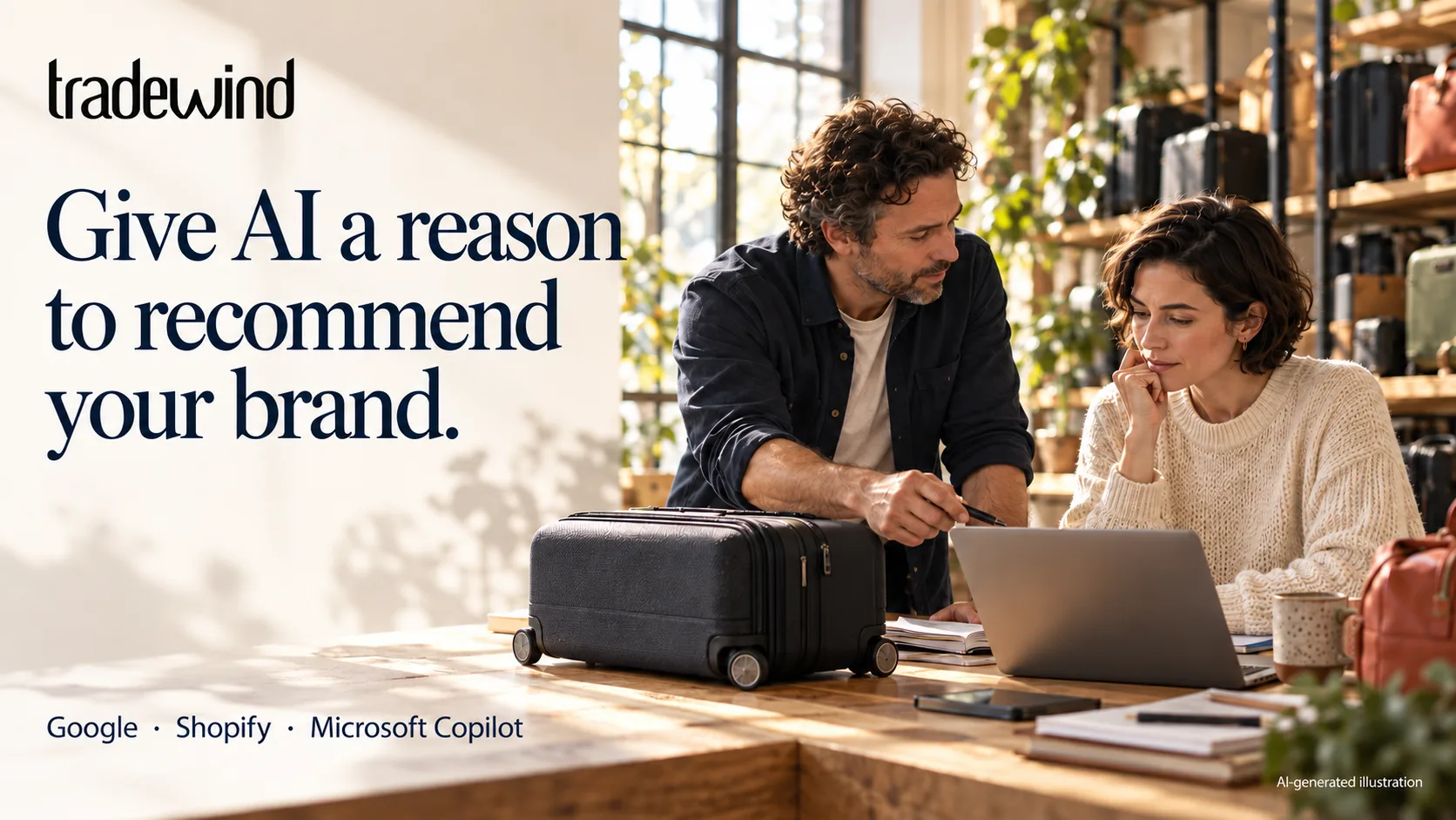 A shop owner and customer work together at a luggage counter. Google, Shopify and Microsoft Copilot are named as platforms discussed in the article. AI-generated illustration.