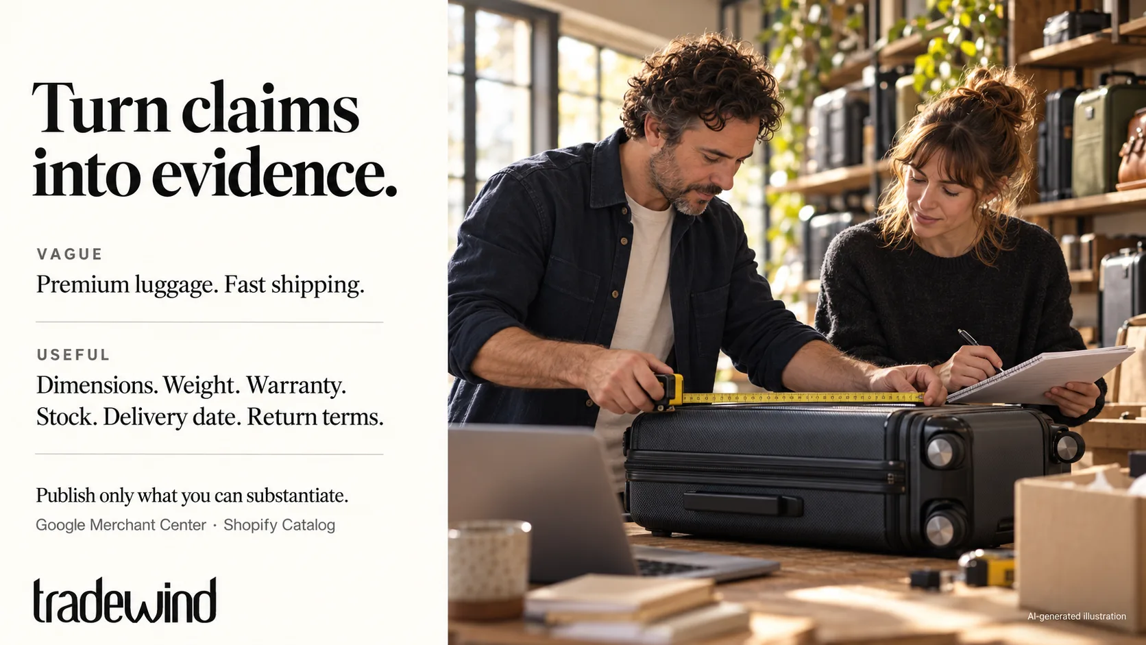 The boutique team checks a product. An annotation contrasts vague marketing claims with concrete dimensions, weight, warranty, stock, delivery and return information. AI-generated illustration.