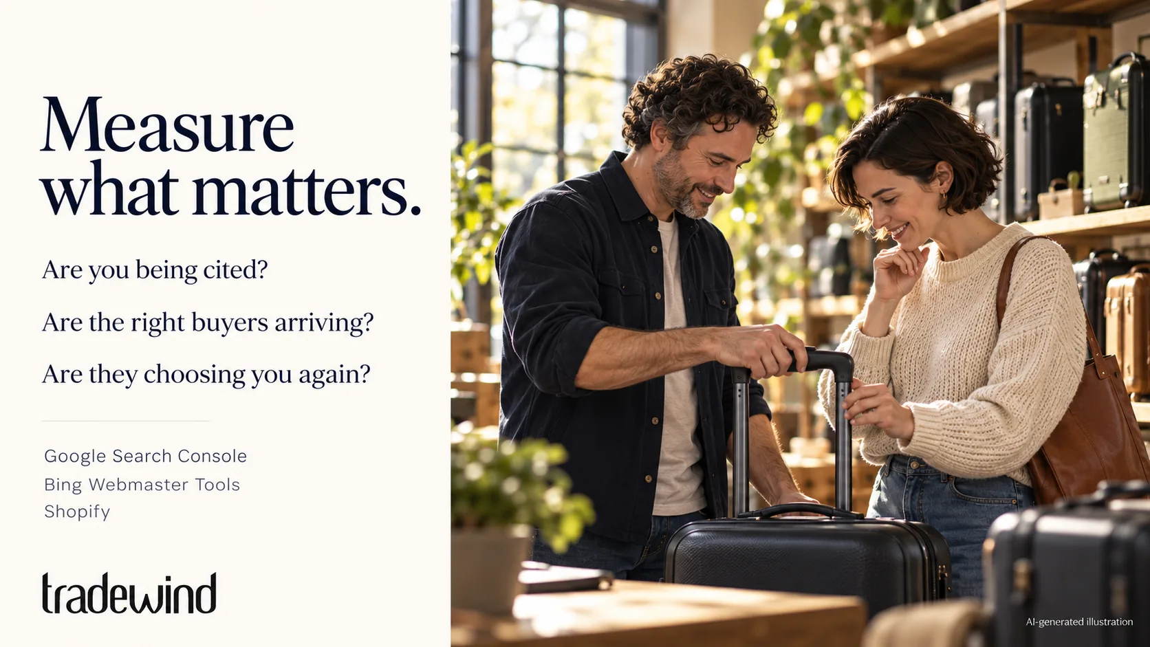 A customer and shop owner examine a suitcase. Three prompts ask whether the business is cited, contacted and chosen again, with Google Search Console, Bing Webmaster Tools and Shopify named as relevant tools. AI-generated illustration.